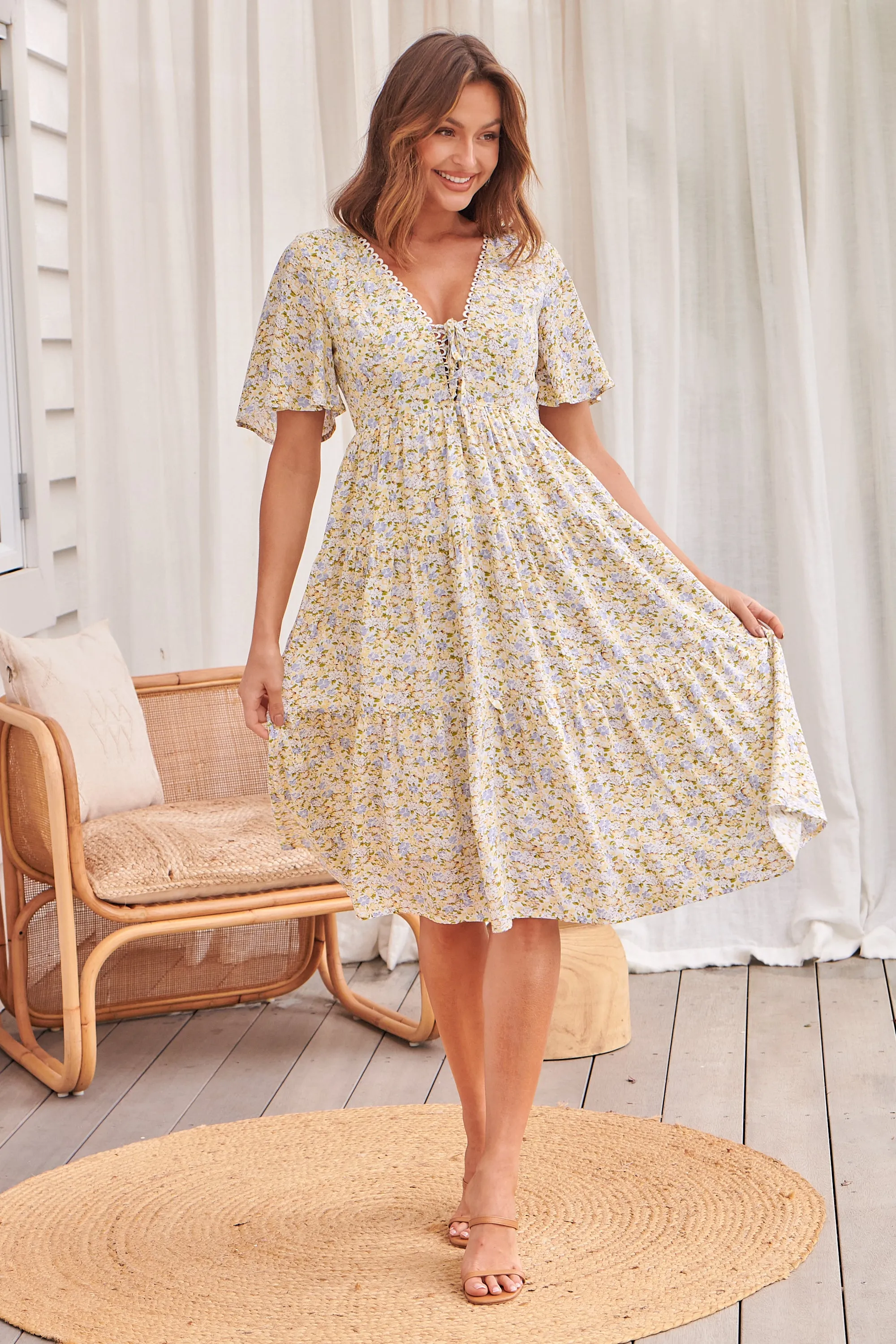 Juliana Tie Front Yellow Floral Print Dress