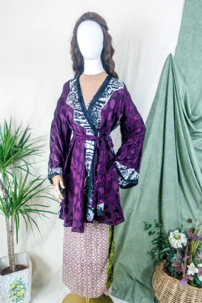 Karina Kimono Jacket - Vintage Sari - Vampy Berry Shimmer - Free Size S