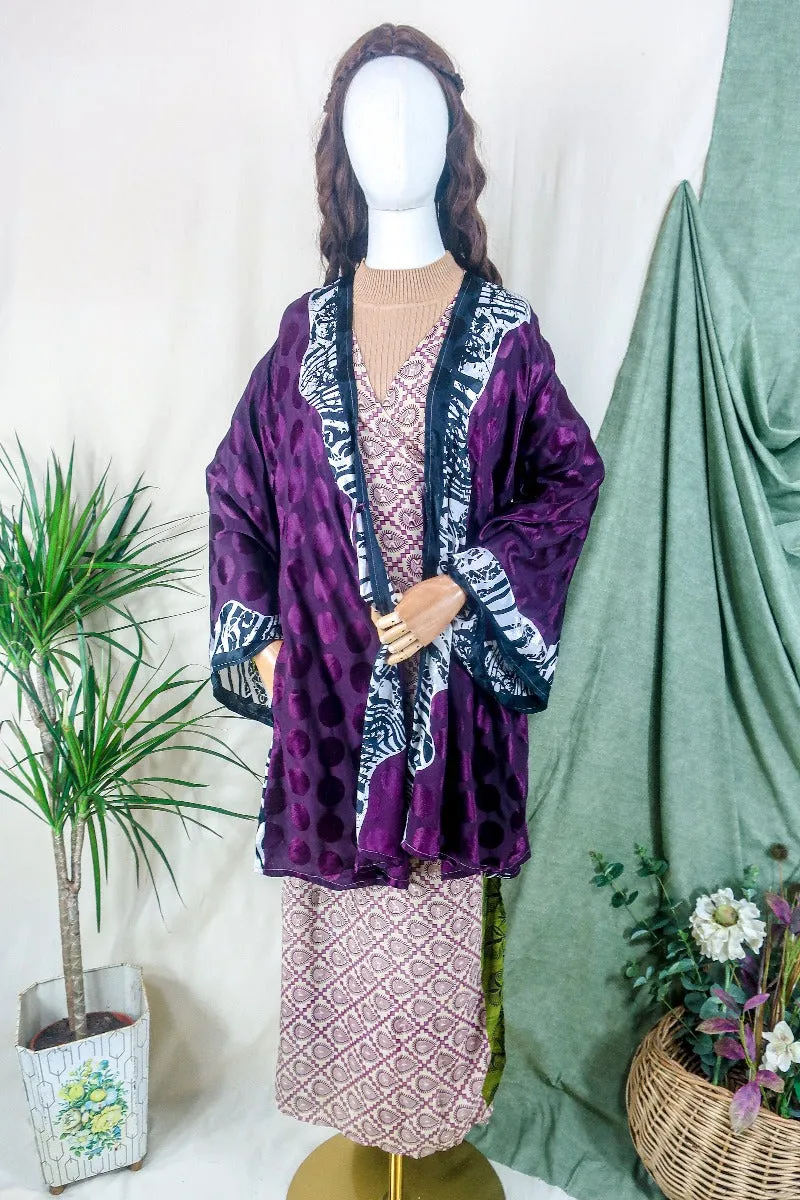 Karina Kimono Jacket - Vintage Sari - Vampy Berry Shimmer - Free Size S