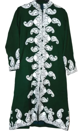 Kashmiri Woolen Coat Long Jacket Green, White Embroidery #AO-173