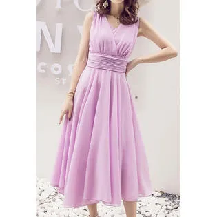 Ketty More  Women Soft Solid Pattern Pleated Skirt Chiffon Summer Comfortable Dress-KMWDC6072