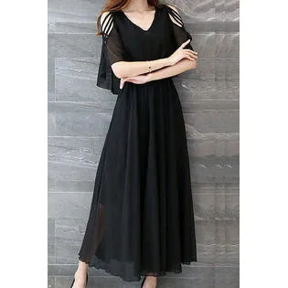 Ketty More Women V-Neck Shawl Style Pleated Dress-KMWDC2487