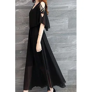 Ketty More Women V-Neck Shawl Style Pleated Dress-KMWDC2487