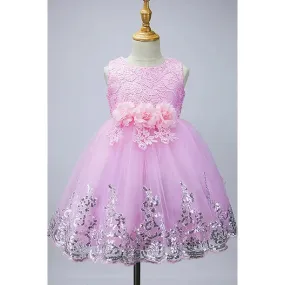 Kids Girls Flower Lace Decorated Pleated Princess Dress - KGD75446