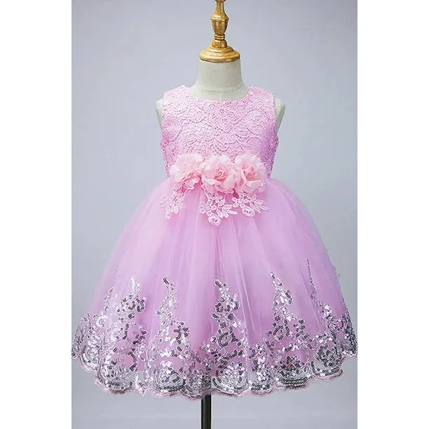 Kids Girls Flower Lace Decorated Pleated Princess Dress - KGD75446