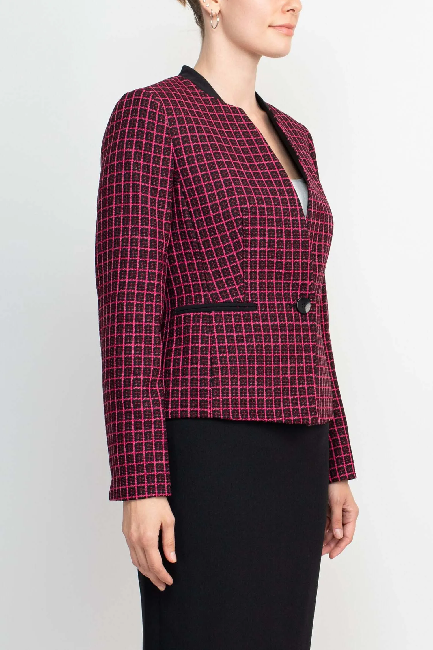 Le Suit Crew Neck One Button Closure Slit Cuff Windowpane Jacket with Button Hook Zipper Closure Skirt (Two Piece Set)