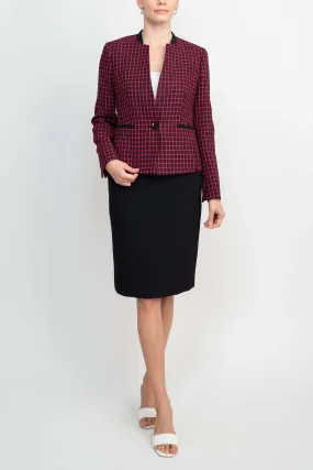 Le Suit Crew Neck One Button Closure Slit Cuff Windowpane Jacket with Button Hook Zipper Closure Skirt (Two Piece Set)