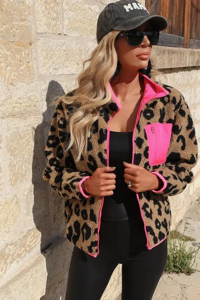 Leopard Colorblock Pocket Zipper Fuzzy Fleece Jacket