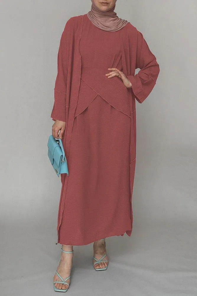 Light Pink three piece maxi abaya with apron and inside out stitching