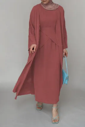 Light Pink three piece maxi abaya with apron and inside out stitching