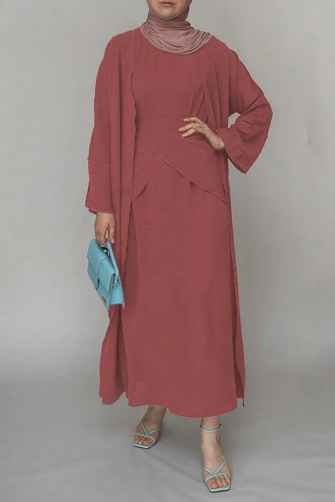 Light Pink three piece maxi abaya with apron and inside out stitching