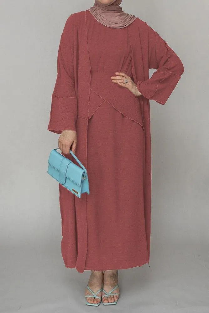 Light Pink three piece maxi abaya with apron and inside out stitching