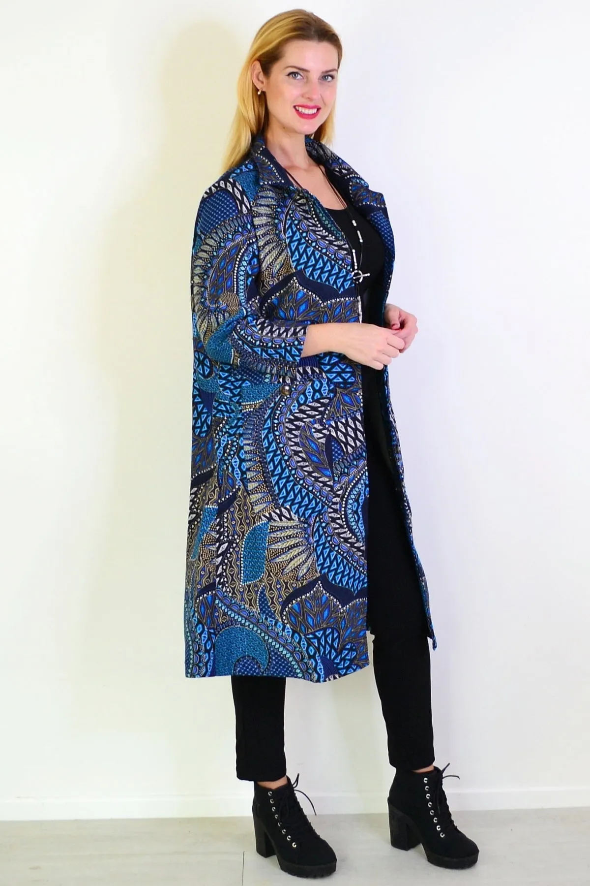 Long Blue Print Fleece Lined Jacket