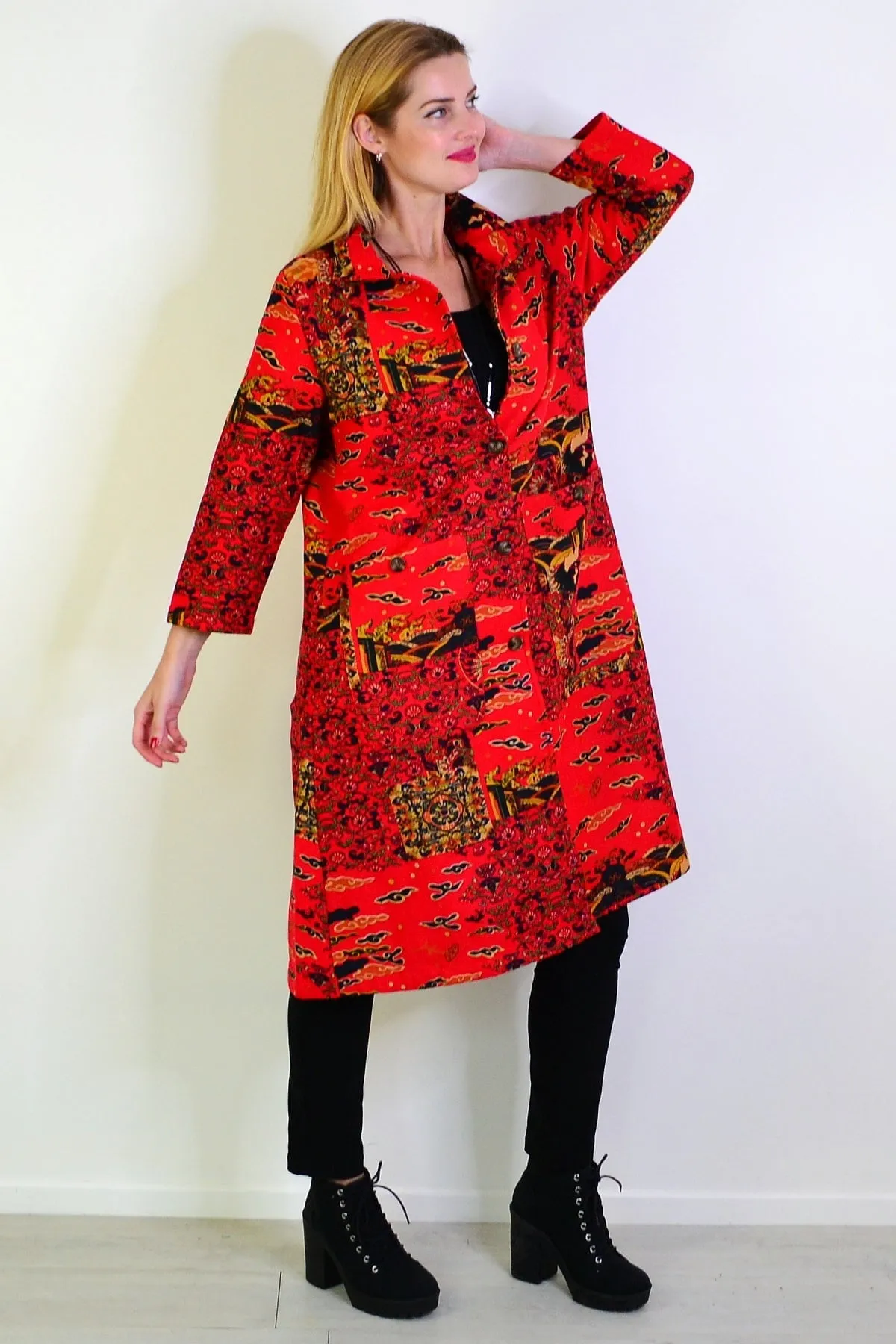 Long Oriental Red Fleece Lined Jacket