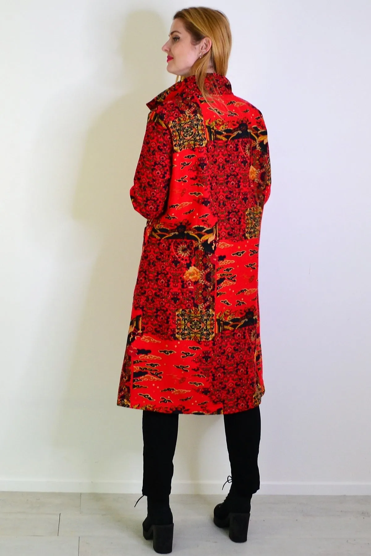 Long Oriental Red Fleece Lined Jacket