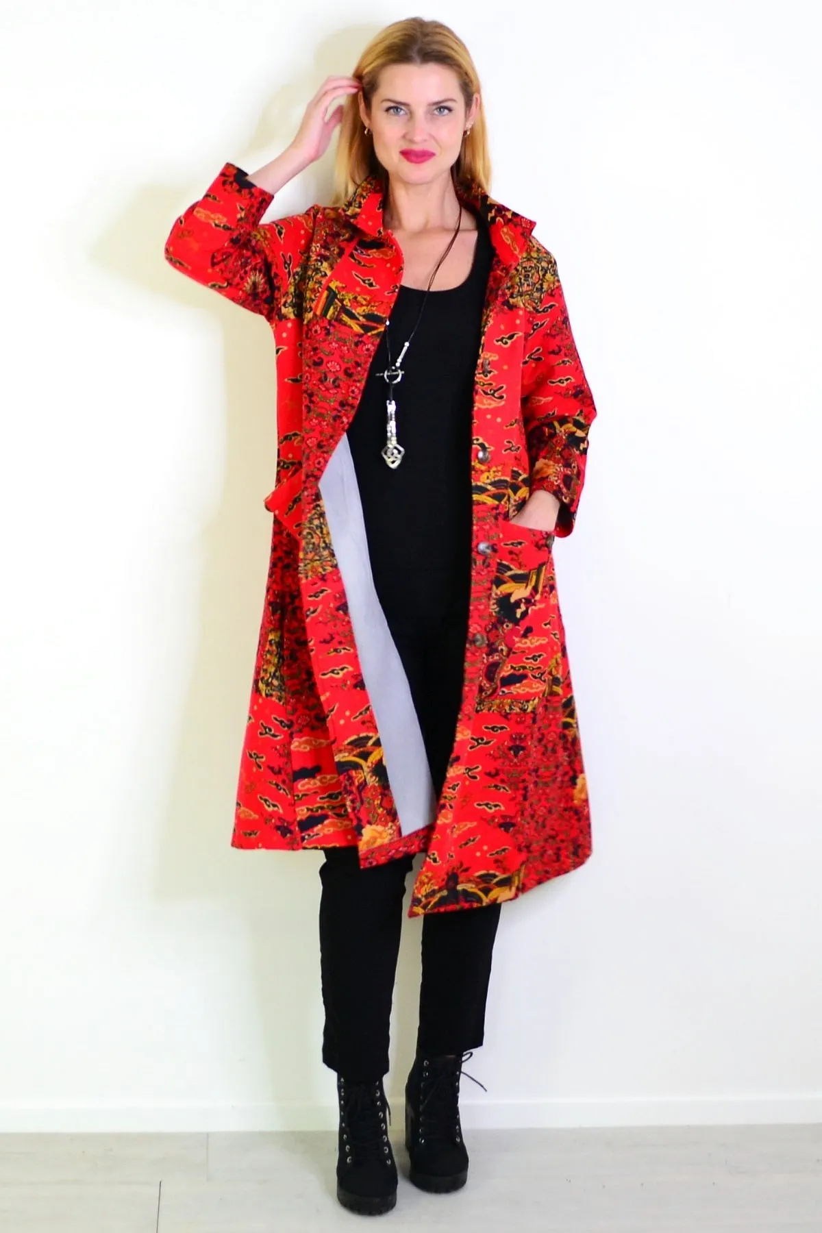 Long Oriental Red Fleece Lined Jacket