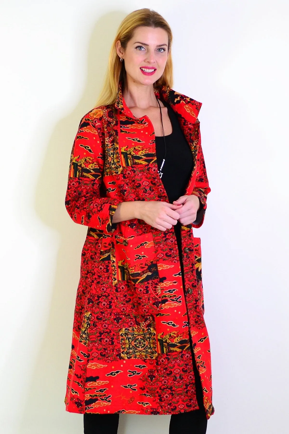 Long Oriental Red Fleece Lined Jacket