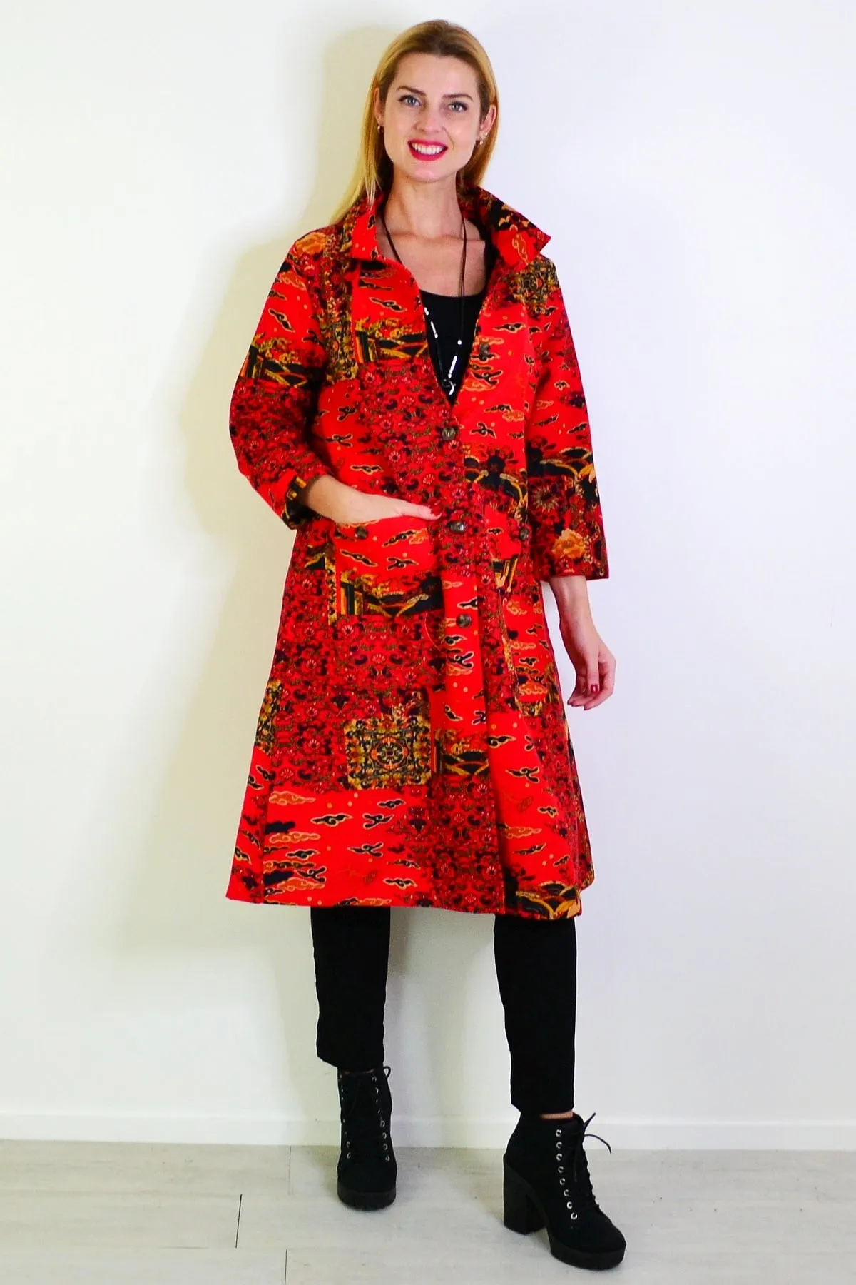 Long Oriental Red Fleece Lined Jacket