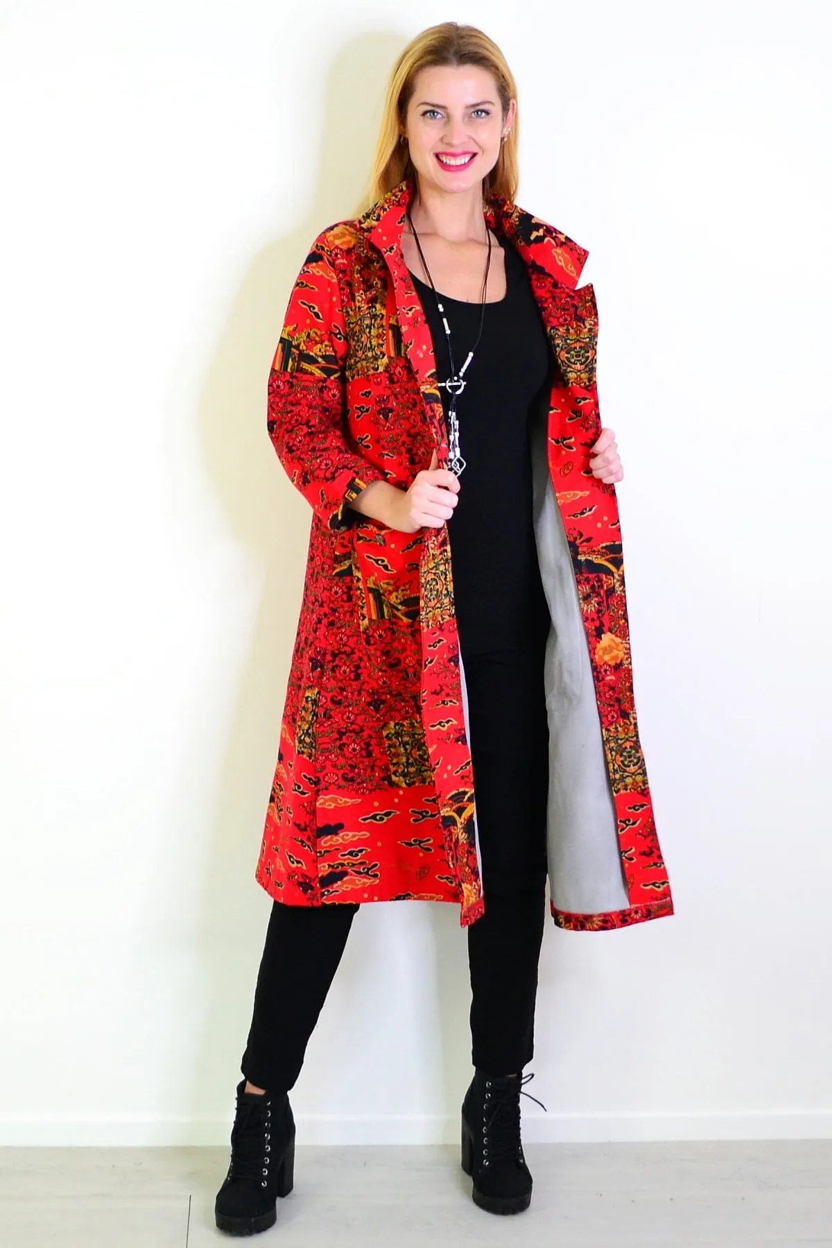 Long Oriental Red Fleece Lined Jacket