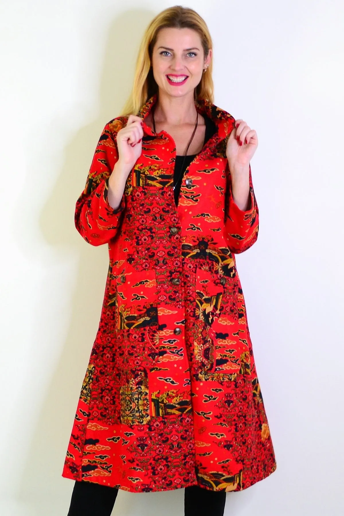 Long Oriental Red Fleece Lined Jacket