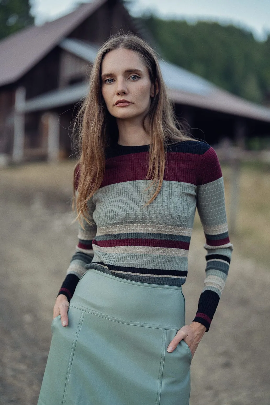 Lurex Stripe Sweater-Sage/Burgundy