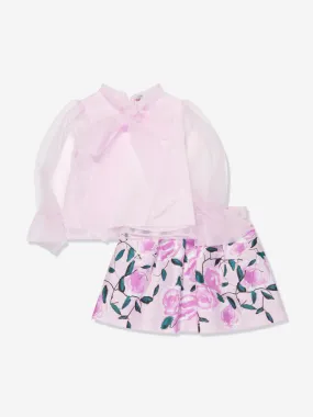 Mama Luma Girls Organza Bow Blouse And Skirt Set in Pink