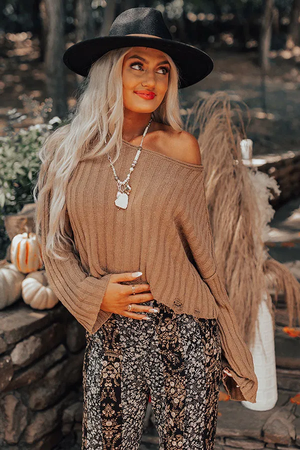 Maple Latte Crop Distressed Sweater in Mocha