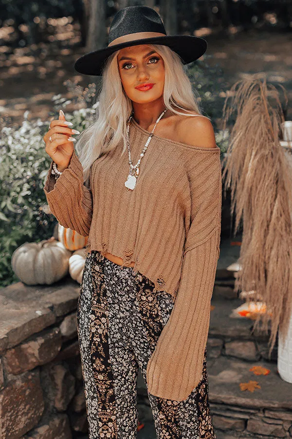 Maple Latte Crop Distressed Sweater in Mocha