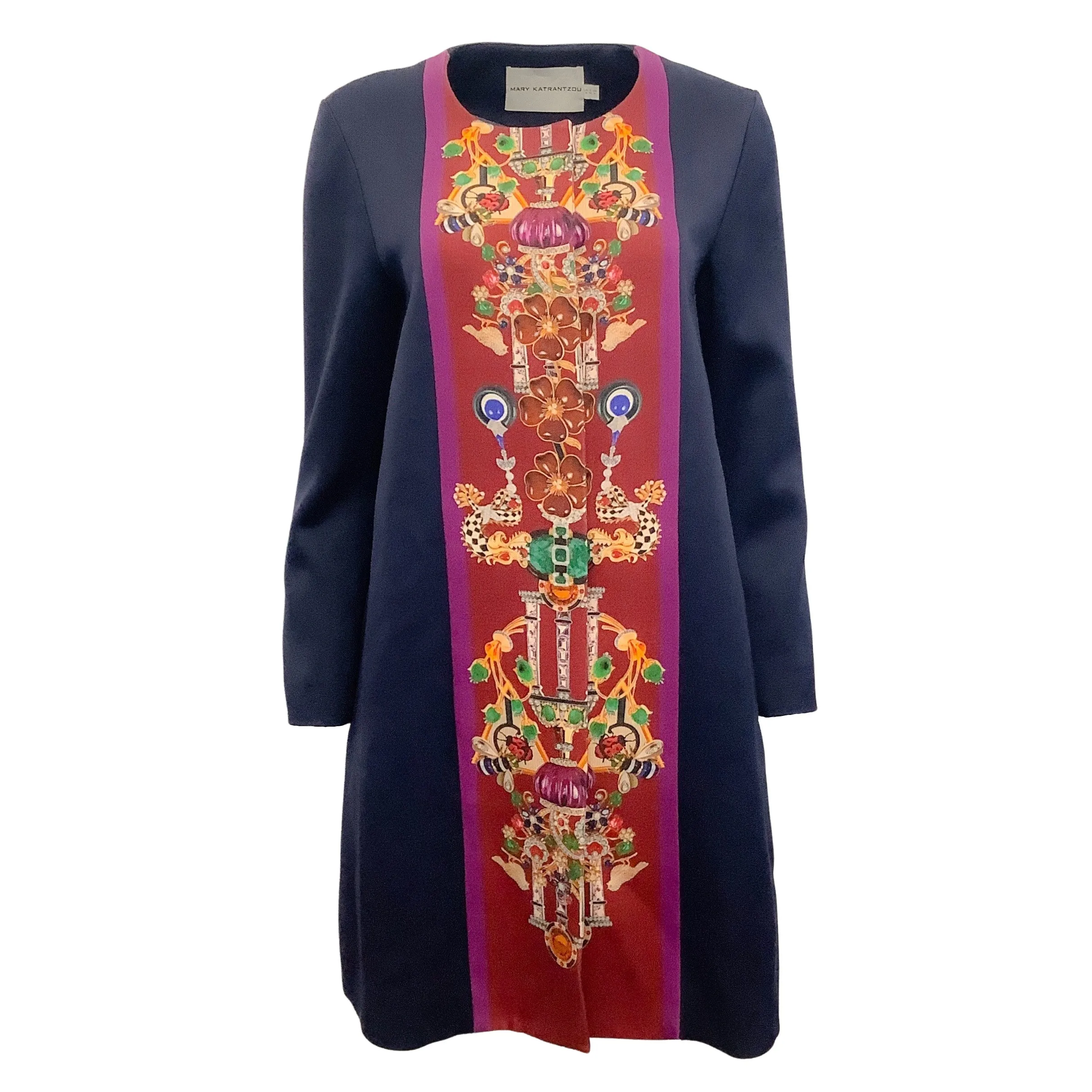 Mary Katrantzou Navy Blue Wool Collarless Coat With Multi Print