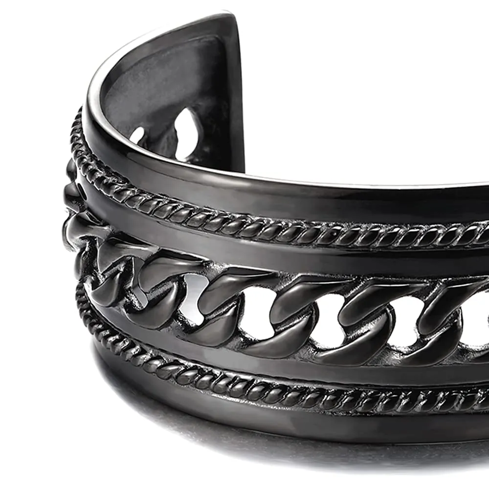 Masculine Wide Steel Cuff Bangle Bracelet for Men Women with Curb Chain Ornament