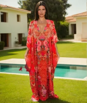 Maya Red Silk Mix Bling Kaftan.         Sizes Available AU 12-28