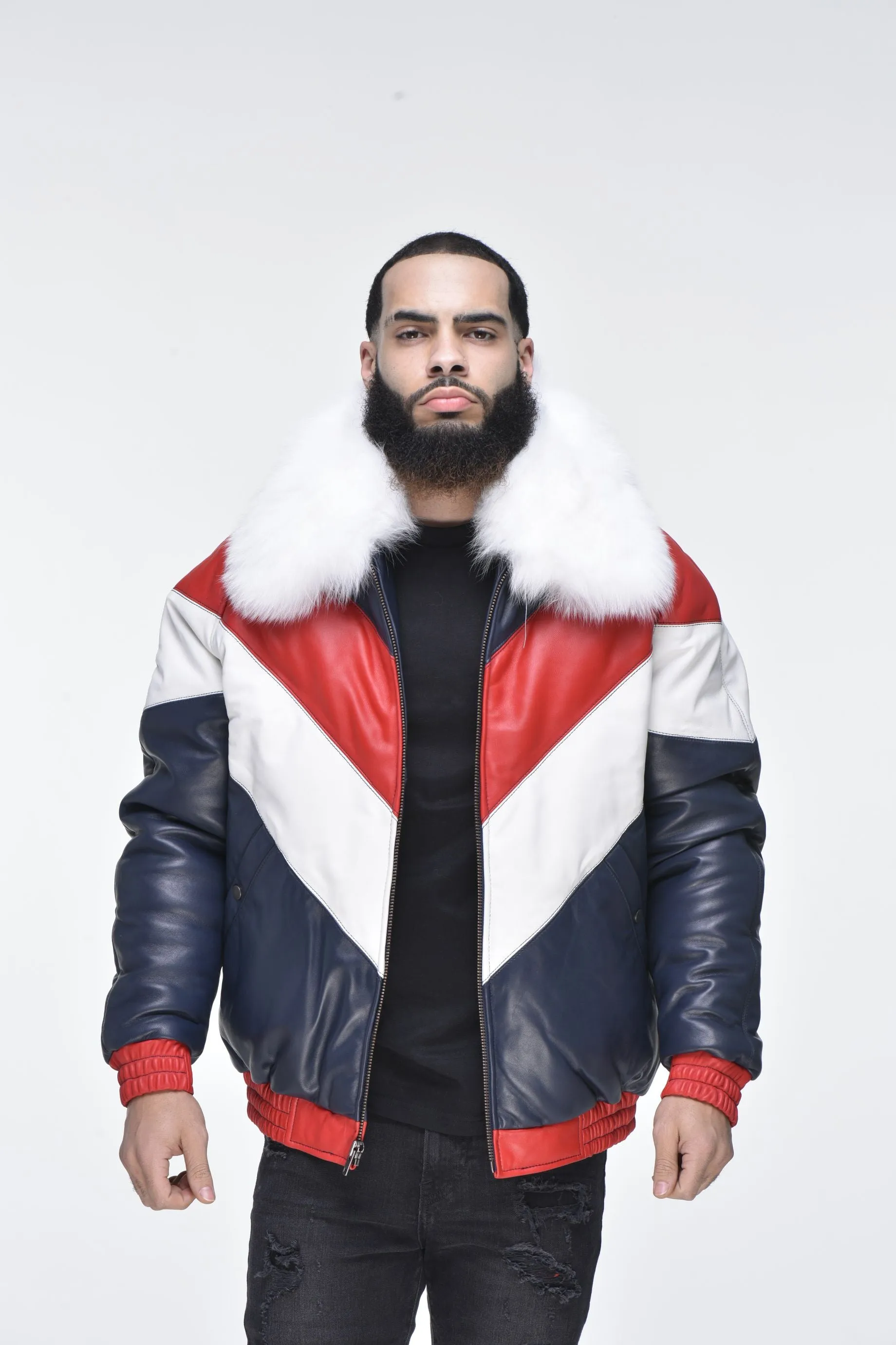 Men’s Lambskin V Bomber Jacket with Detachable White Fox Collar