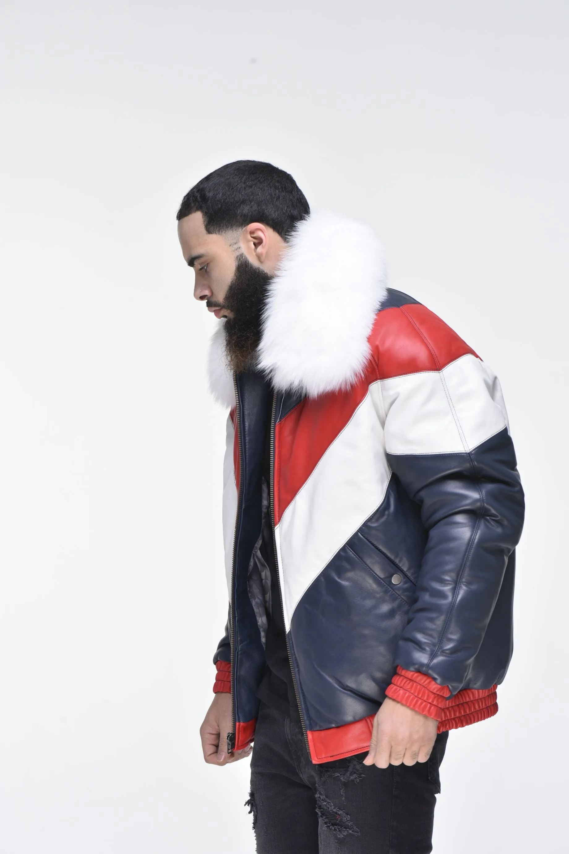 Men’s Lambskin V Bomber Jacket with Detachable White Fox Collar