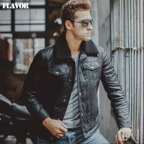 Men's Leather Jacket with Pigskin Fur Collar