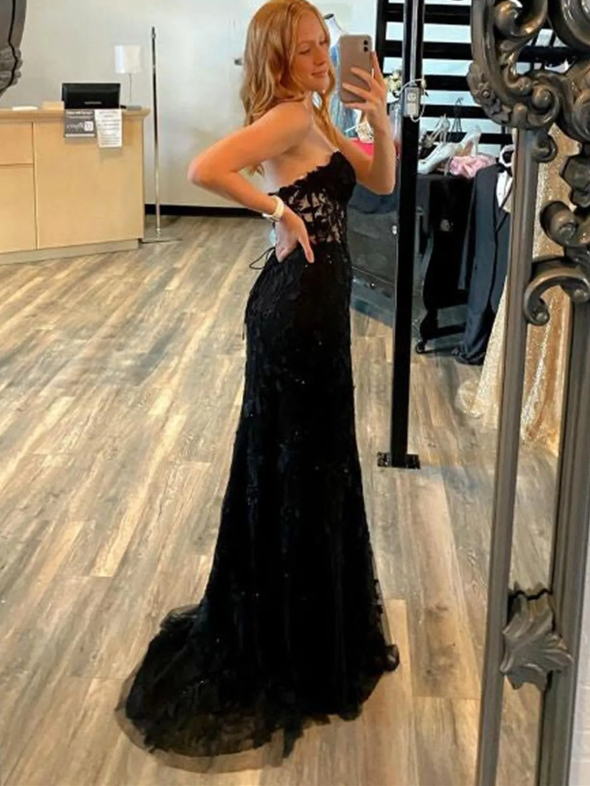 Mermaid Open Backe Black Lace Long Prom Dresses, Strapless Black Formal Dresses, Black Lace Evening Dresses