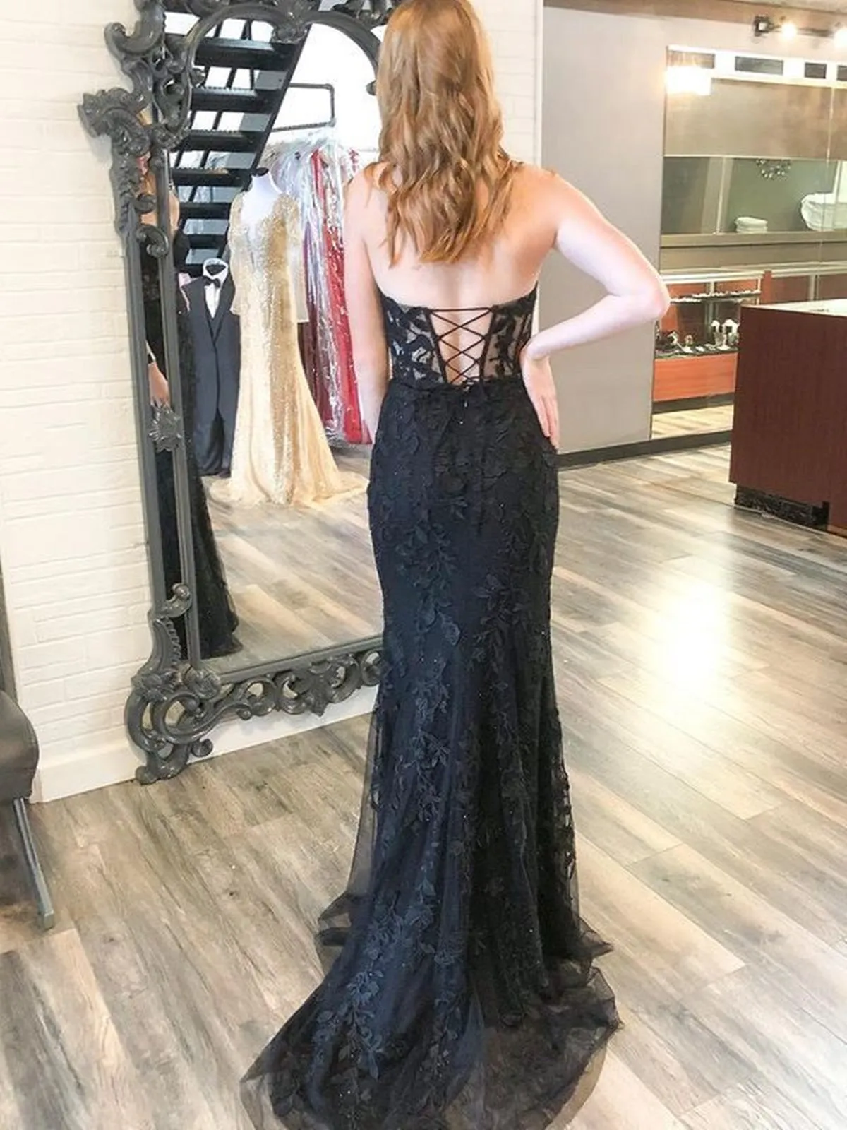 Mermaid Open Backe Black Lace Long Prom Dresses, Strapless Black Formal Dresses, Black Lace Evening Dresses