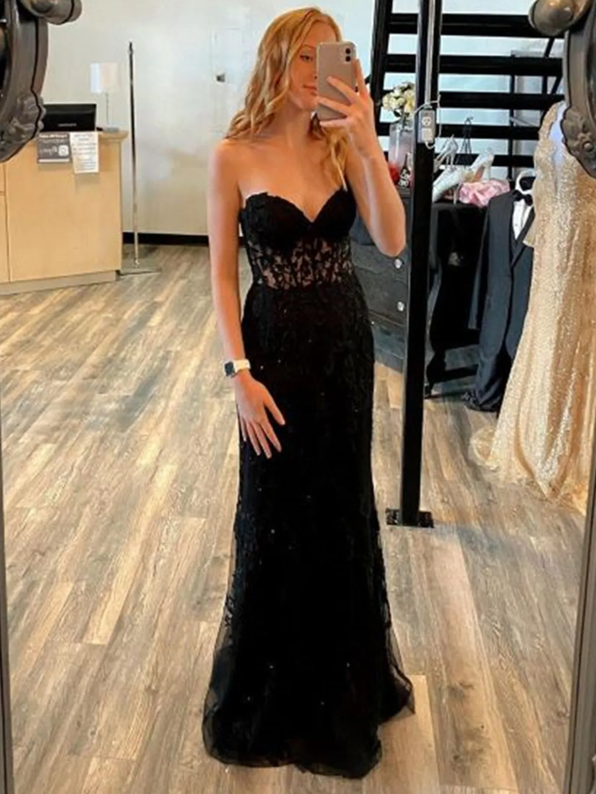 Mermaid Open Backe Black Lace Long Prom Dresses, Strapless Black Formal Dresses, Black Lace Evening Dresses