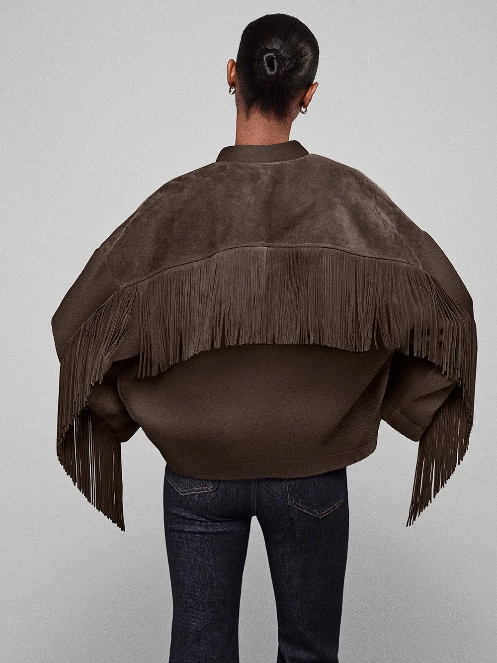 Mix Suede Fringe Coat -- Chocolate Brown