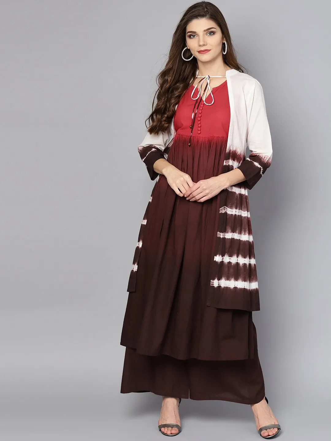 Multi Color Omree Dyed 3/4Th Sleeve Cotton Kurta With Ankle Length Skirt & White Jacket