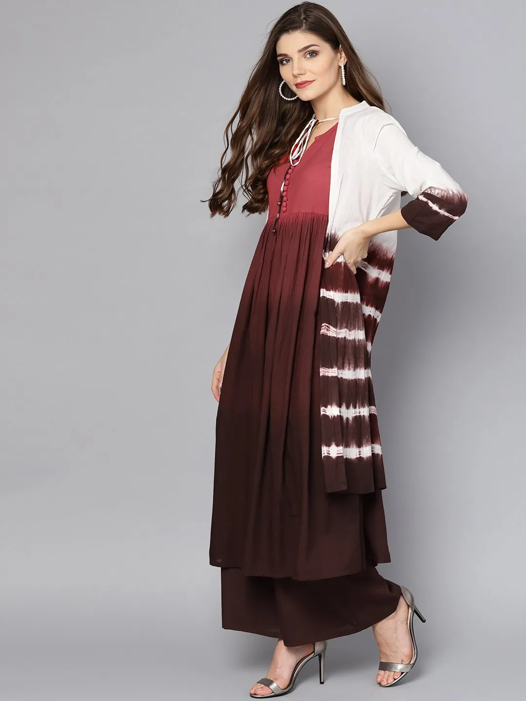 Multi Color Omree Dyed 3/4Th Sleeve Cotton Kurta With Ankle Length Skirt & White Jacket