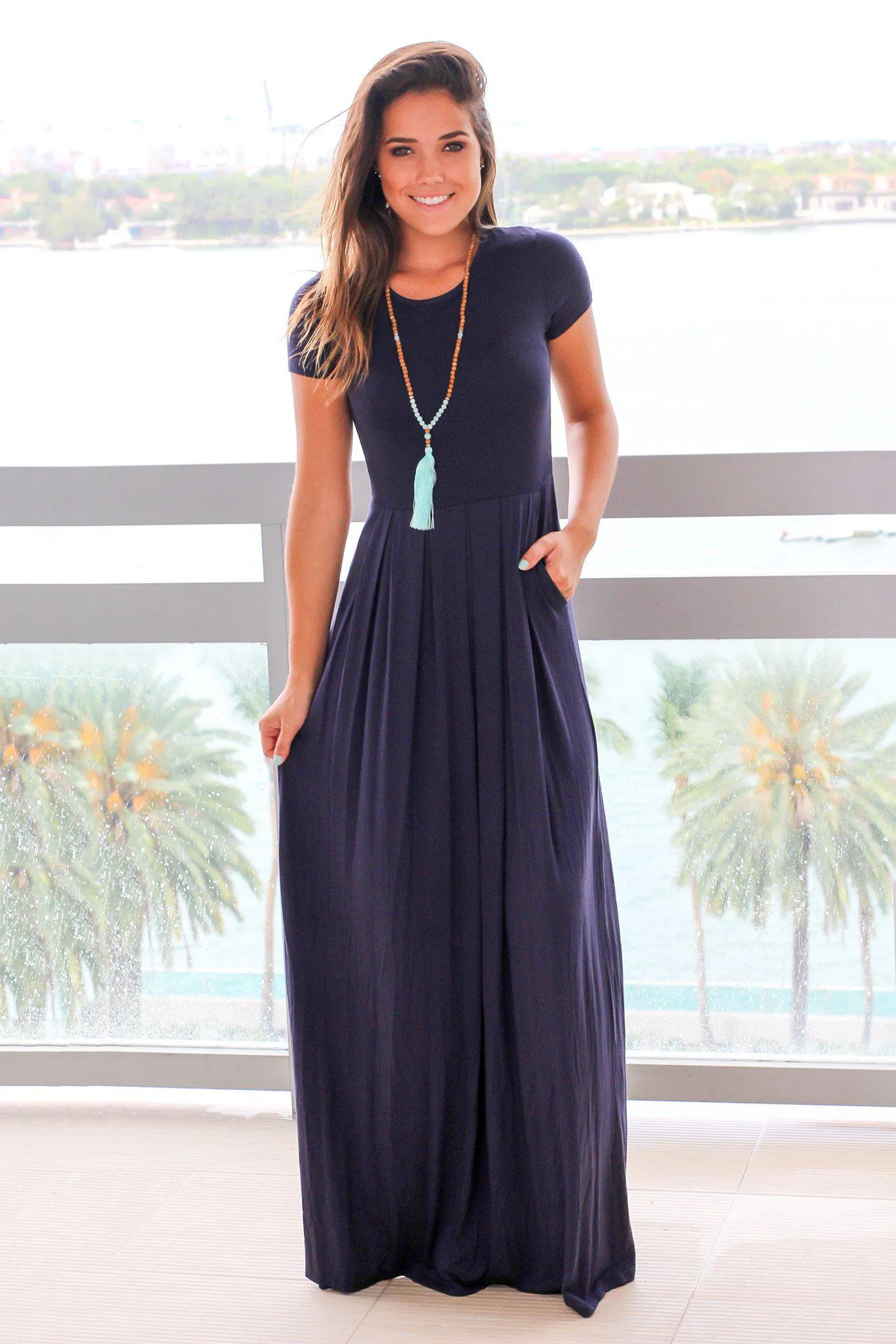 Navy Pleated Maxi Dress with Pockets