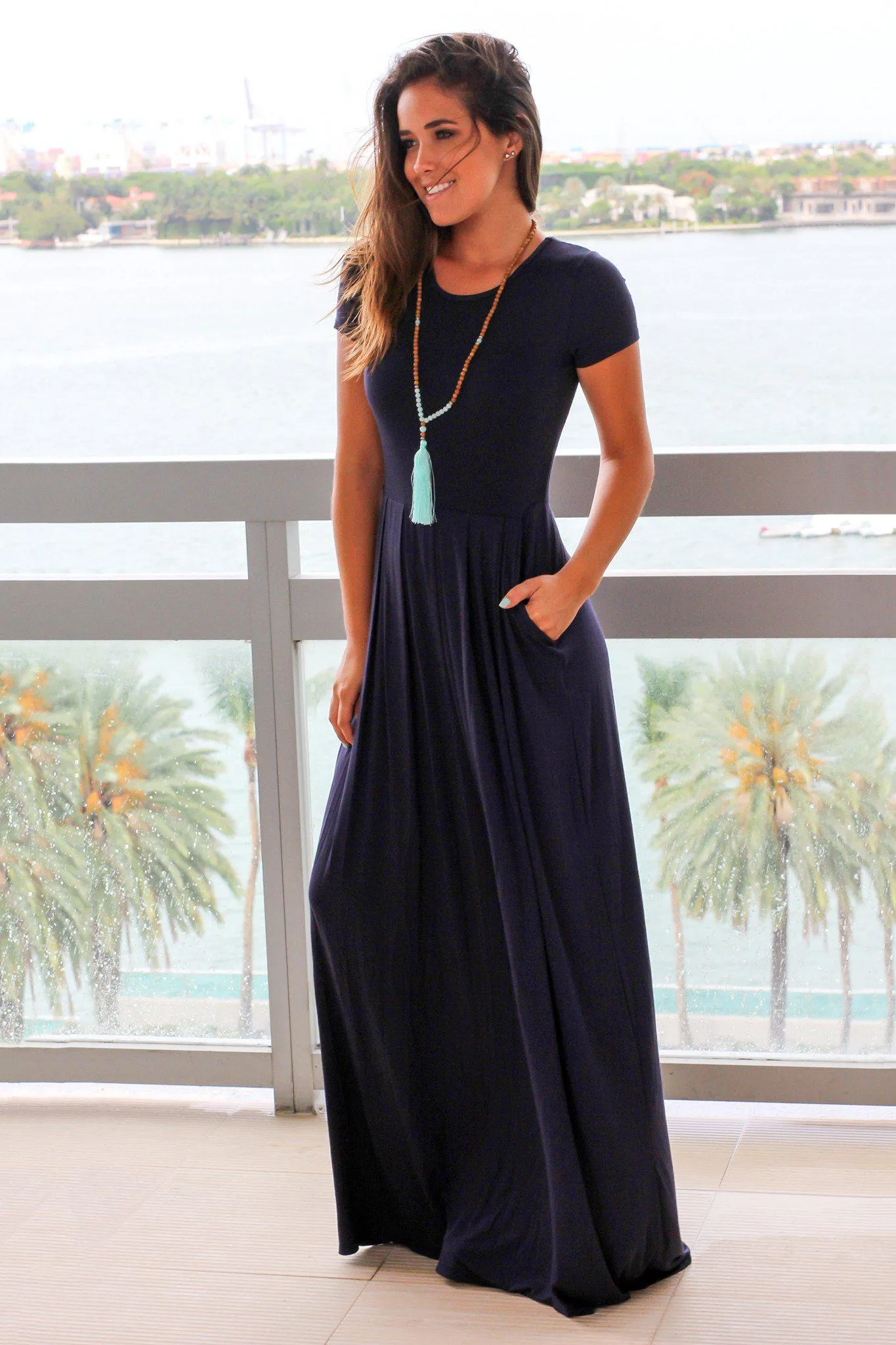 Navy Pleated Maxi Dress with Pockets