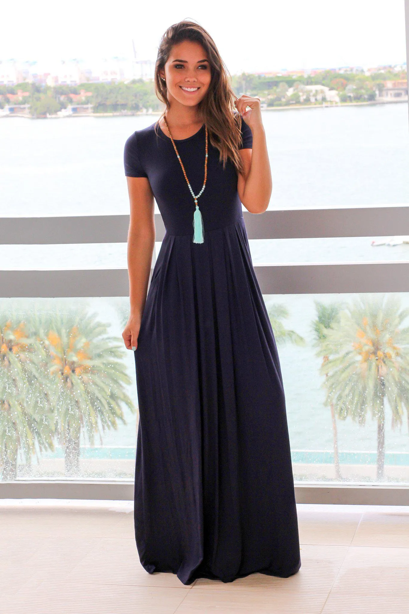 Navy Pleated Maxi Dress with Pockets