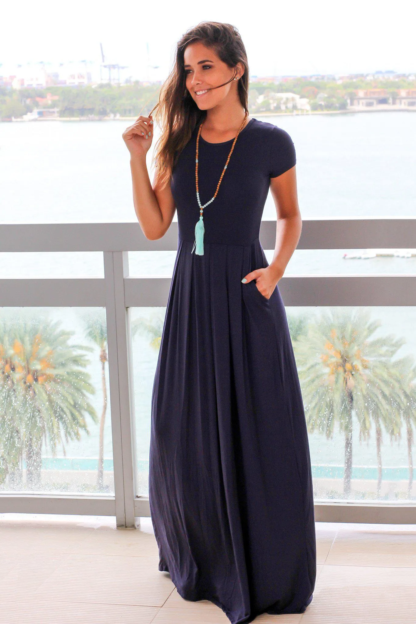 Navy Pleated Maxi Dress with Pockets