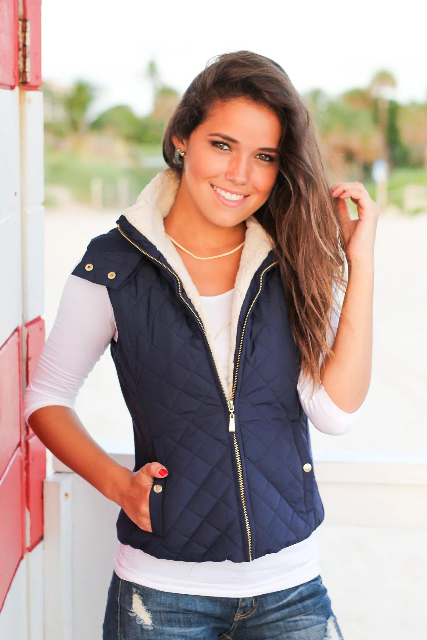 Navy Quilted Vest with Fur Collar