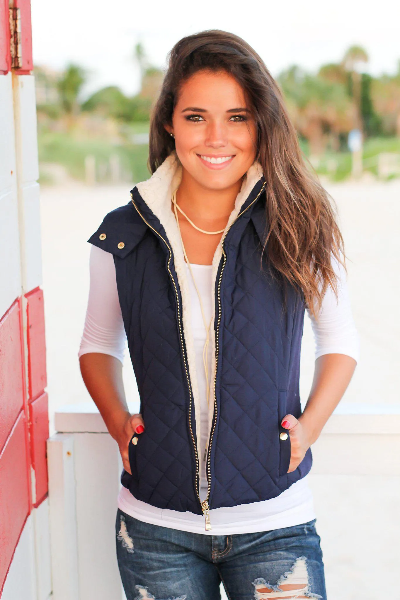 Navy Quilted Vest with Fur Collar