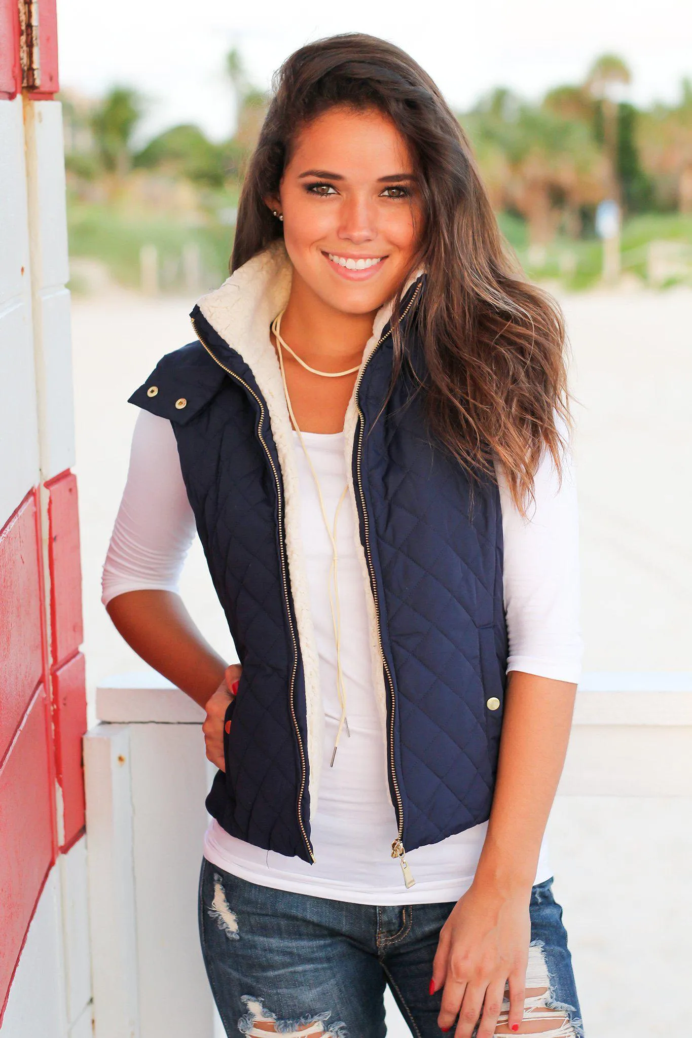 Navy Quilted Vest with Fur Collar