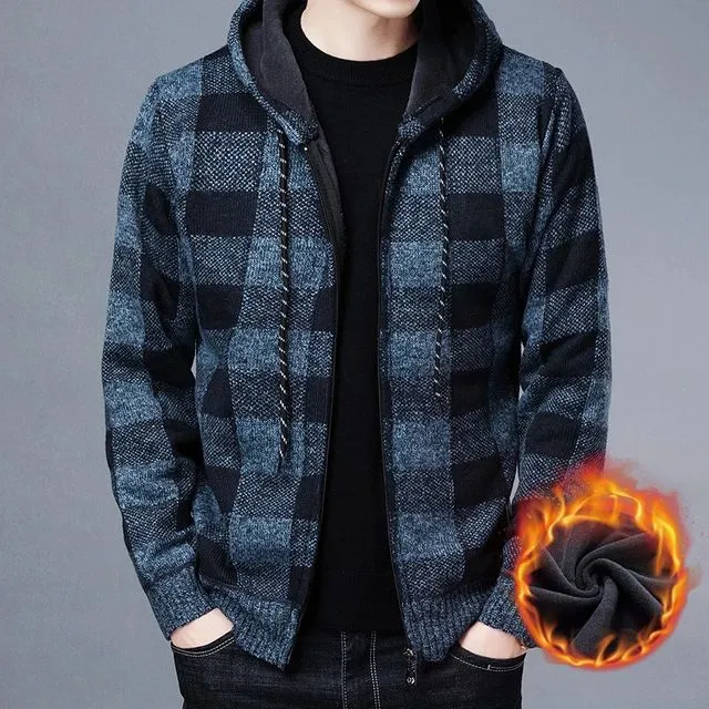 New Mens Sweater Coat Autumn Winter Thick Warm Hooded Plaid Wool Sweater Cardigan Jumpers Zipper Fleece Coat For Man 3XL X5062690