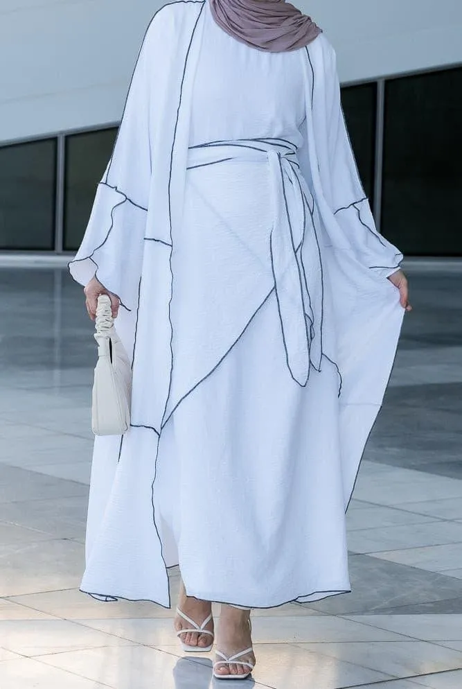 Noraa three piece maxi abaya in white with contrast black piping