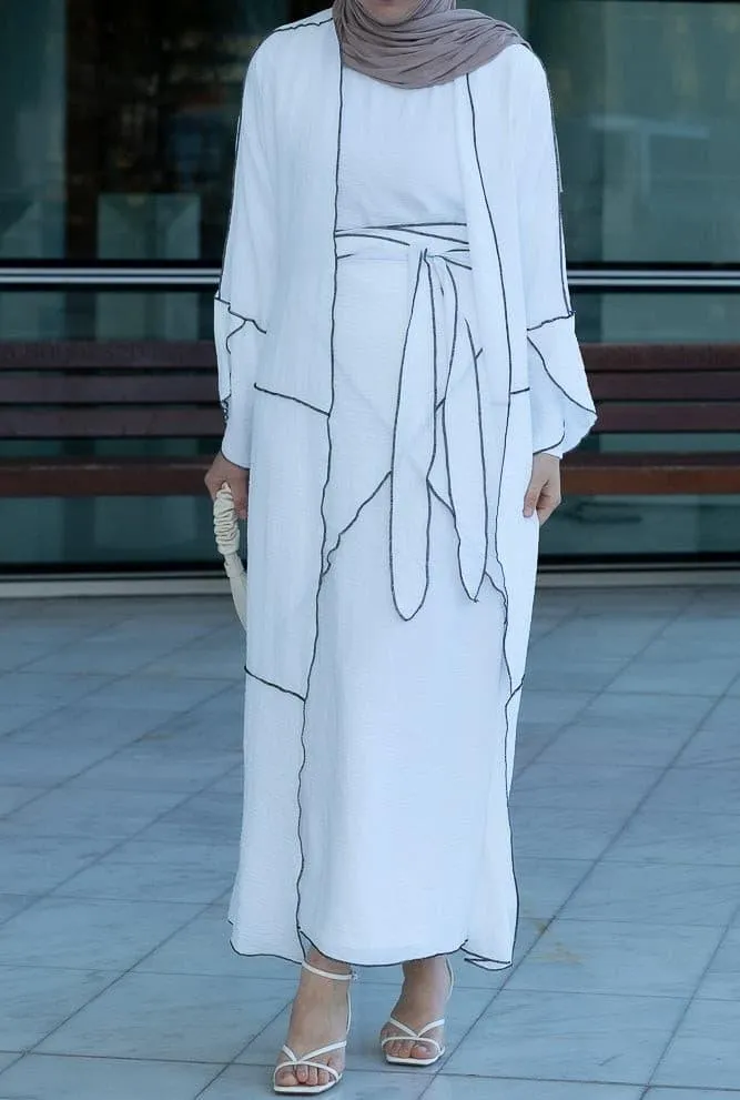 Noraa three piece maxi abaya in white with contrast black piping